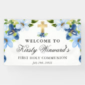 Blauwe en Navy Bloemen Eerste Heilige Communie Spandoek (Horizontaal)