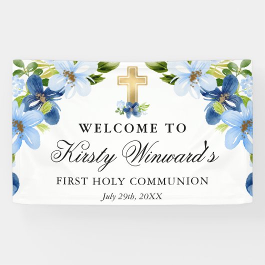 Blauwe en Navy Bloemen Eerste Heilige Communie Spandoek (Horizontaal)