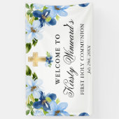 Blauwe en Navy Bloemen Eerste Heilige Communie Spandoek (Verticaal)