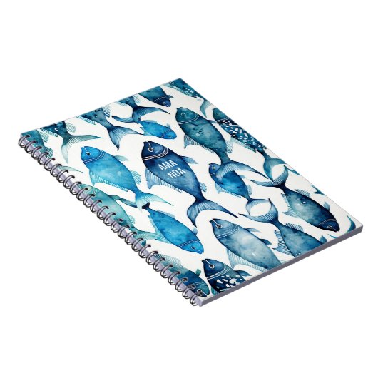 Blauwe en Navy Ocean Fish | Nautisch Zee Kinder Sc Notitieboek (Rechterzijde)