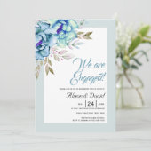 Blauwe en nertgroene waterverf bloemen verloving kaart (Staand voorkant)