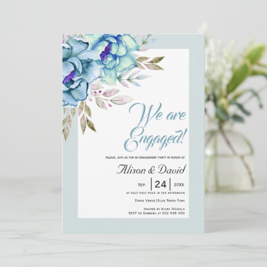 Blauwe en nertgroene waterverf bloemen verloving kaart (Staand voorkant)