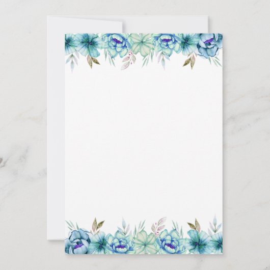 Blauwe en nertgroene waterverf bloemen verloving kaart (Achterkant)