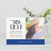 Blauwe en Oranje Afstuderen Fotoaankondiging Aankondiging (Staand voorkant)