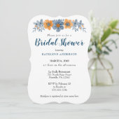 Blauwe en Oranje Bloem Bruidsdouche Uitnodigingen (Staand voorkant)