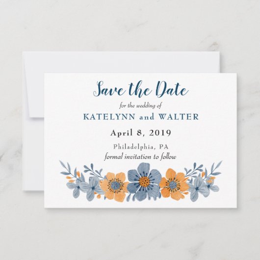 Blauwe en Oranje Bloem Save the Date Kaarten (Voorkant)