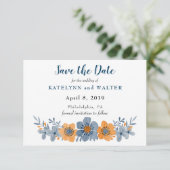 Blauwe en Oranje Bloem Save the Date Kaarten (Staand voorkant)
