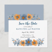 Blauwe en Oranje Bloem Save the Date Kaarten (Voorkant / Achterkant)