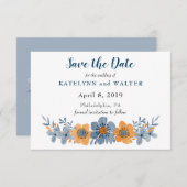Blauwe en oranje bloem save the date-kaarten save the date (Voorkant / Achterkant)
