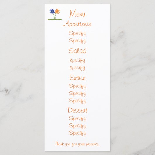 Blauwe en Oranje bloemen, aangepaste menukaarten Menu (Achterkant)