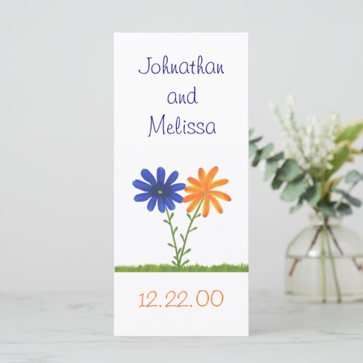 Blauwe en Oranje bloemen, aangepaste menukaarten Menu (Staand voorkant)