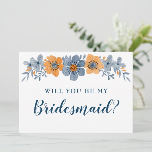 Blauwe en Oranje bloemen, jij wordt mijn bruidsmei Kaart (Staand voorkant)