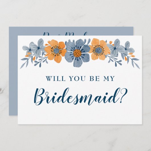 Blauwe en Oranje bloemen, jij wordt mijn bruidsmei Kaart (Voorkant / Achterkant)