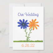 Blauwe en Oranje bloemen, onze bruiloft uitnodigin Kaart (Voorkant)