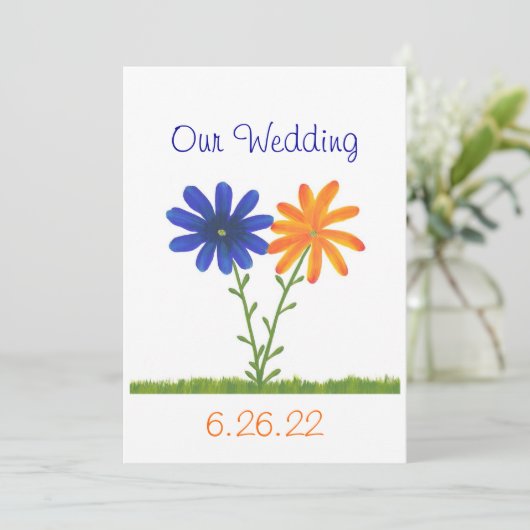 Blauwe en Oranje bloemen, onze bruiloft uitnodigin Kaart (Staand voorkant)