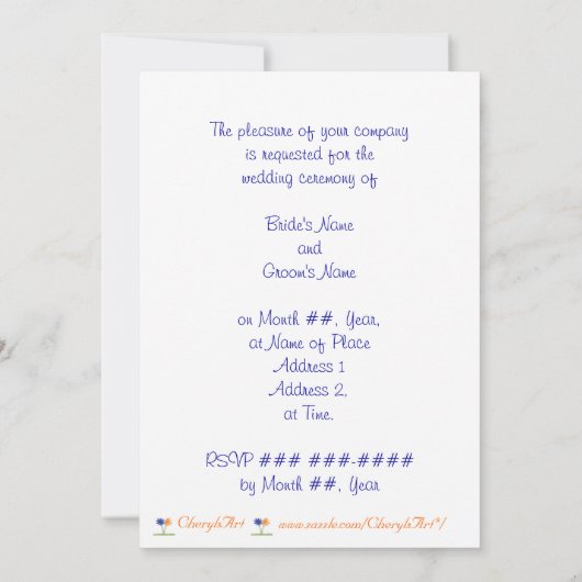 Blauwe en Oranje bloemen, onze bruiloft uitnodigin Kaart (Achterkant)