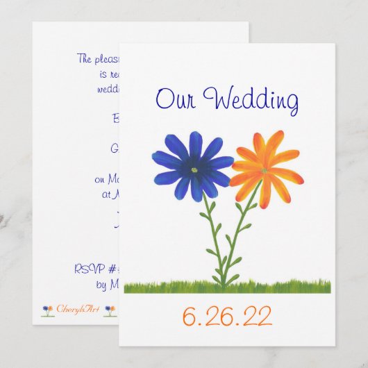 Blauwe en Oranje bloemen, onze bruiloft uitnodigin Kaart (Voorkant / Achterkant)