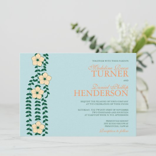 Blauwe en Oranje bloemwijnstokken — trouwuitnodigi Kaart (Staand voorkant)