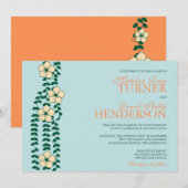 Blauwe en Oranje bloemwijnstokken — trouwuitnodigi Kaart (Voorkant / Achterkant)