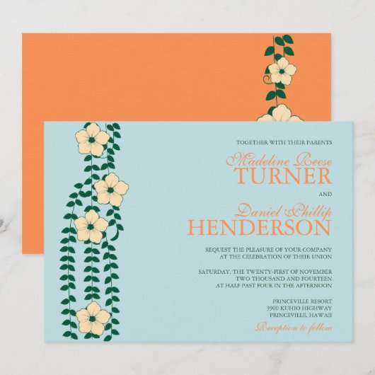 Blauwe en Oranje bloemwijnstokken — trouwuitnodigi Kaart (Voorkant / Achterkant)