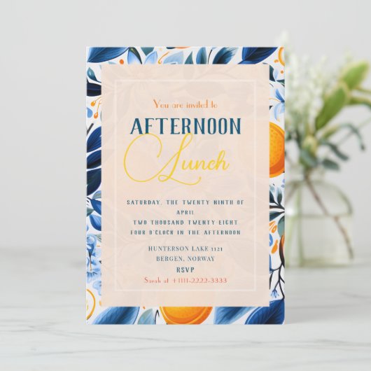 Blauwe en Oranje Botanische Citrus Thema Uitnodigi Kaart (Staand voorkant)