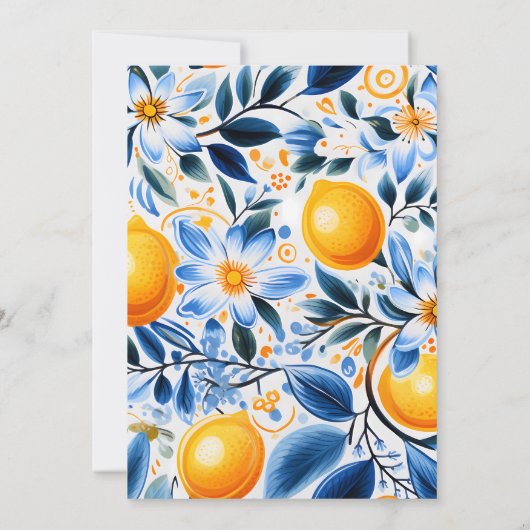 Blauwe en Oranje Botanische Citrus Thema Uitnodigi Kaart (Achterkant)