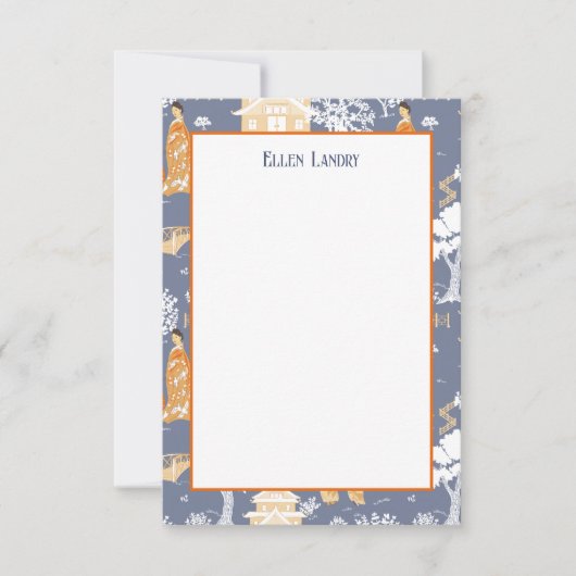 Blauwe en Oranje Chinoiserie Pagodas Bedankkaart (Voorkant)