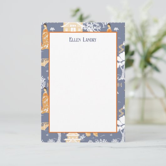 Blauwe en Oranje Chinoiserie Pagodas Bedankkaart (Staand voorkant)