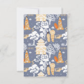 Blauwe en Oranje Chinoiserie Pagodas Bedankkaart (Achterkant)