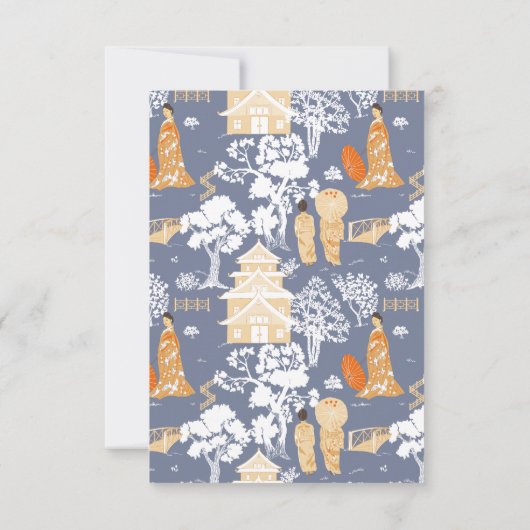 Blauwe en Oranje Chinoiserie Pagodas Bedankkaart (Achterkant)