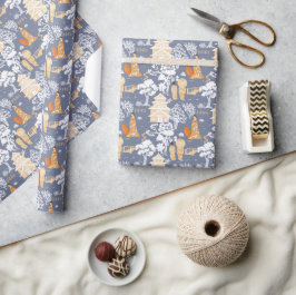 Blauwe en Oranje Chinoiserie Pagodas Cadeaupapier
