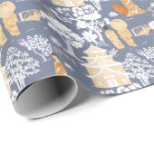 Blauwe en Oranje Chinoiserie Pagodas Cadeaupapier (Rol Hoek)