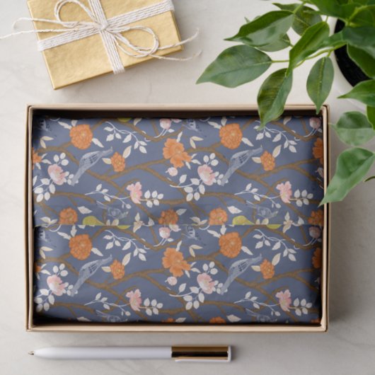 Blauwe en Oranje Chinoiserie Vogels Tissuepapier (Geschenk)