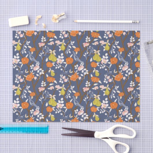 Blauwe en Oranje Chinoiserie Vogels Tissuepapier (Craft)