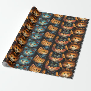 Blauwe en Oranje Feestkatten met zwarte hoed Cadeaupapier