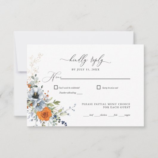Blauwe en Oranje Floral Wedding RSVP (Voorkant)