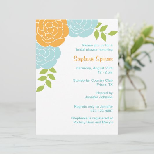 Blauwe en Oranje Florale uitnodigingen (Staand voorkant)