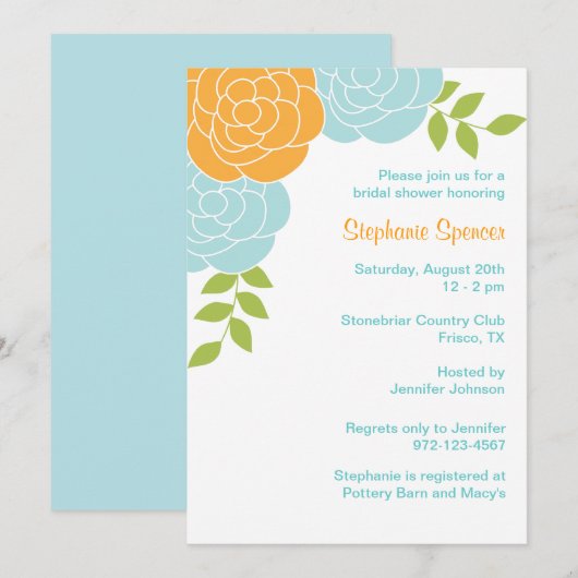 Blauwe en Oranje Florale uitnodigingen (Voorkant / Achterkant)