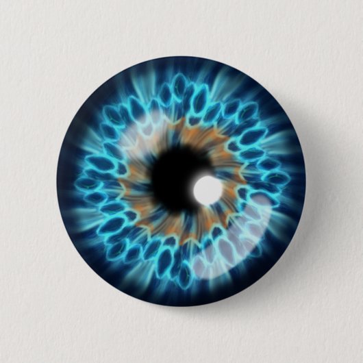 Blauwe en oranje irisoogbal ronde button 5,7 cm (Voorkant)