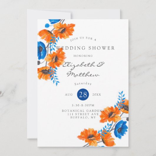 Blauwe en Oranje papaverbruiloft Kaart (Voorkant)