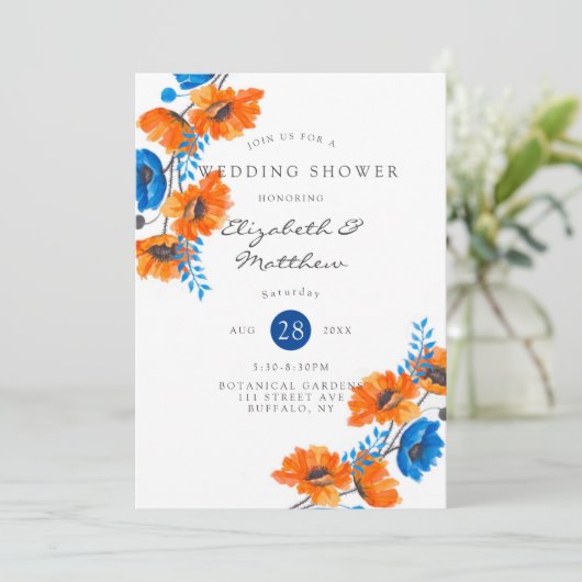 Blauwe en Oranje papaverbruiloft Kaart (Staand voorkant)