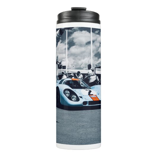 Blauwe en oranje raceauto thermosbeker (Voorkant)