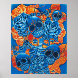 Blauwe en Oranje Skulls afdrukken Poster