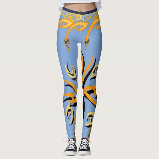 Blauwe en oranje tribale afdrukken leggings (Voorkant)