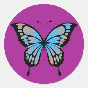 Blauwe en oranje vlindervignet ronde sticker