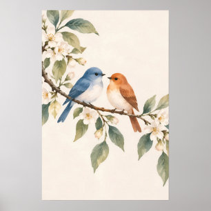 Blauwe en oranje vogels op bloeiende tak Botanica Poster