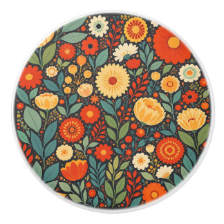 Blauwe en oranje volks kunst bloemen keramische knop