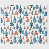 Blauwe en Oranje Waterverf kerstbomen Cadeaupapier (Vlak)