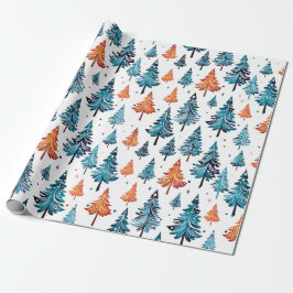 Blauwe en Oranje Waterverf kerstbomen Cadeaupapier