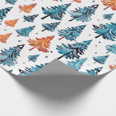 Blauwe en Oranje Waterverf kerstbomen Cadeaupapier (Hoek)